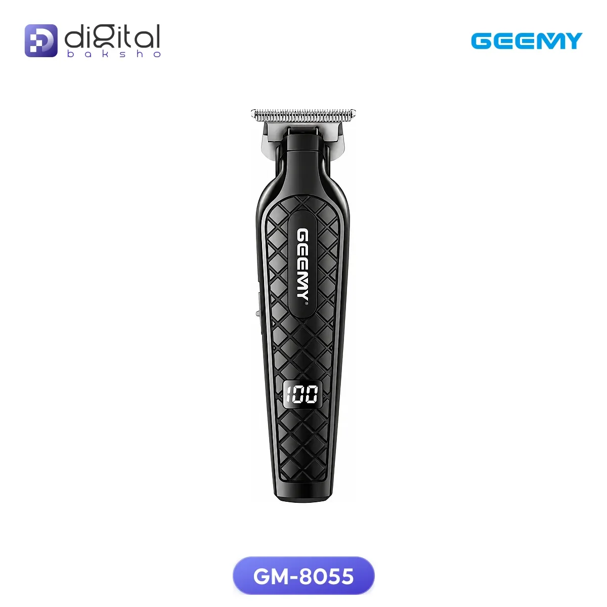Geemy GM-8055 Professional Hair and Beard Trimmer - Cordless, Stainless Steel, Type-C, Front view with digital display and...