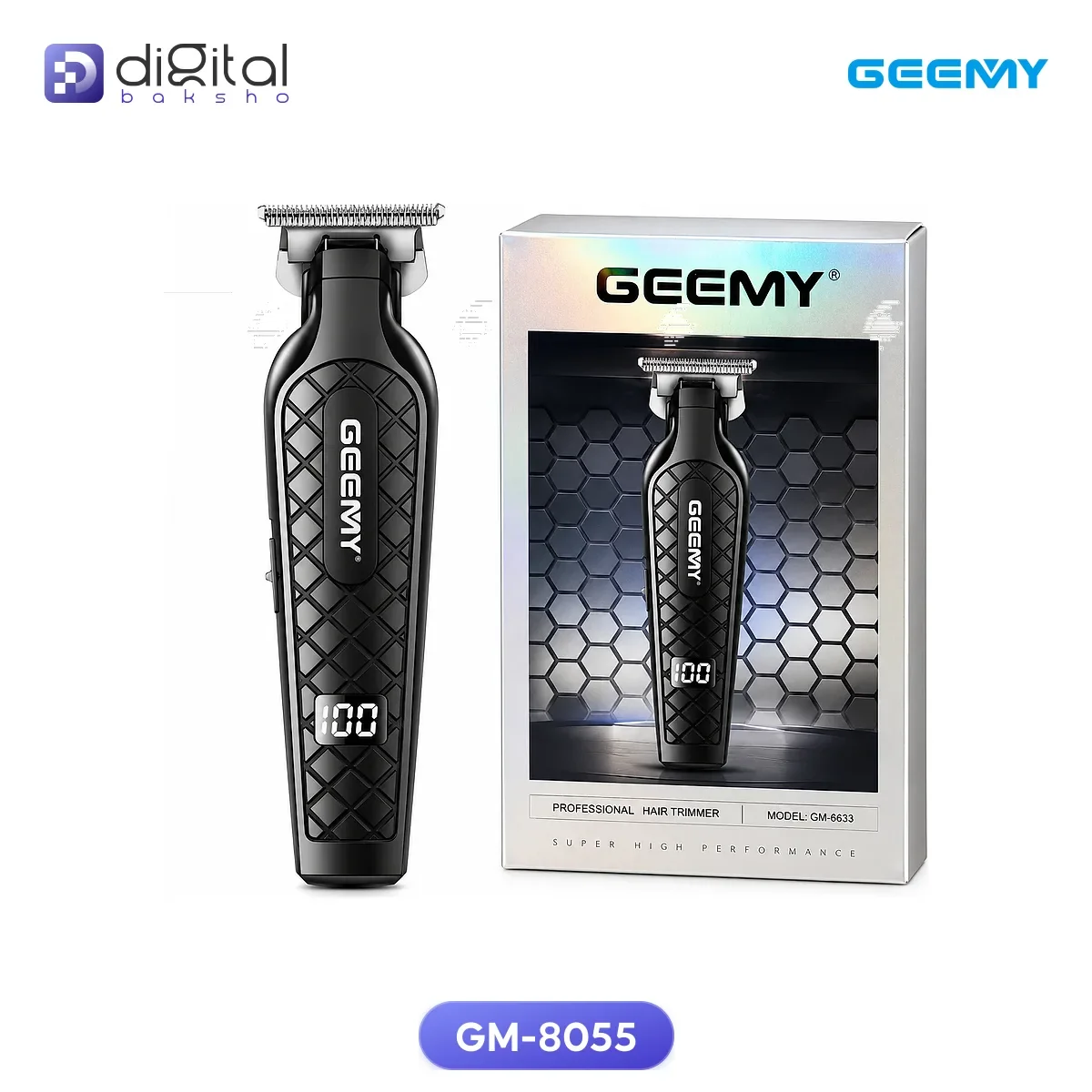 Geemy GM-8055 Professional Hair and Beard Trimmer - Cordless, Stainless Steel, Type-C, Front view with LCD display and pac...