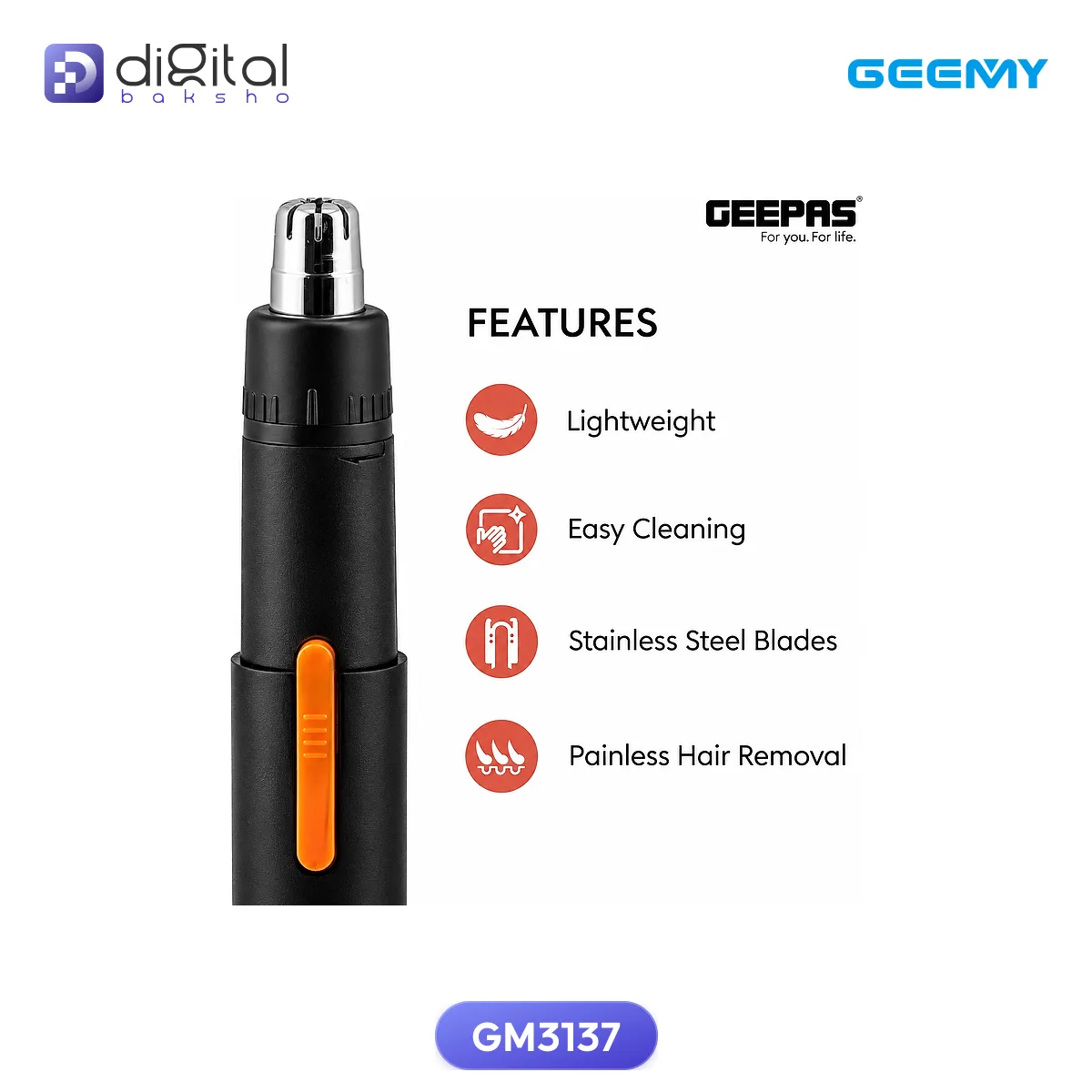 Geemy GM3137 Professional Nose & Hair Trimmer - Titanium Coated Stainless Steel Blade, Cordless Rechargeable thumbnail 3