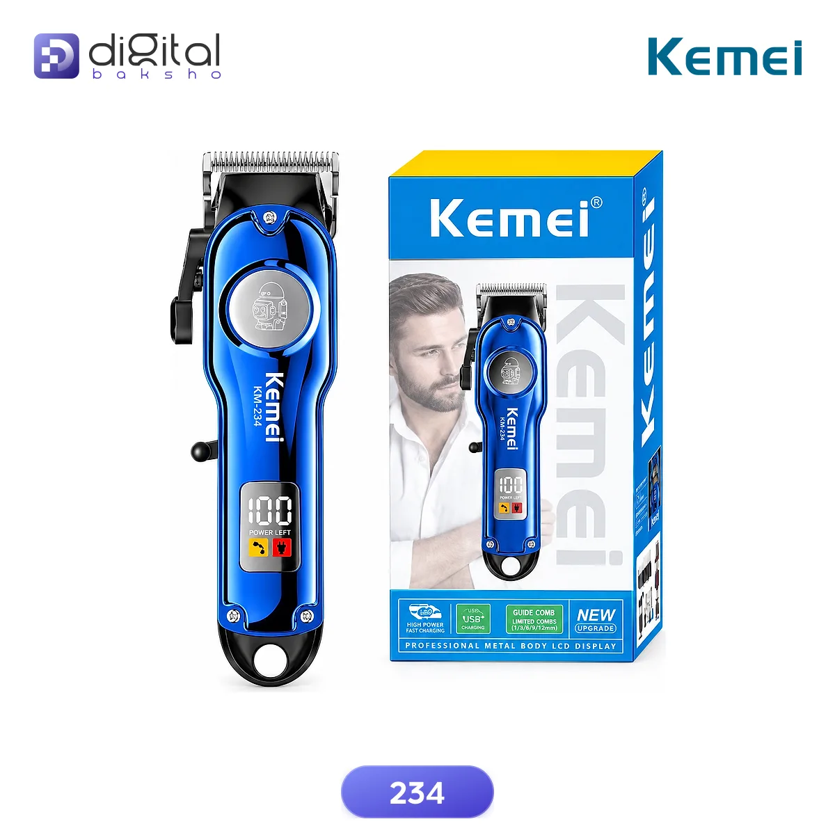 Kemei 234 Professional Hair & Beard Trimmer for Men - Stainless Steel T-Blade, USB Type-C Rechargeable, 120 Min Runtime alternate view