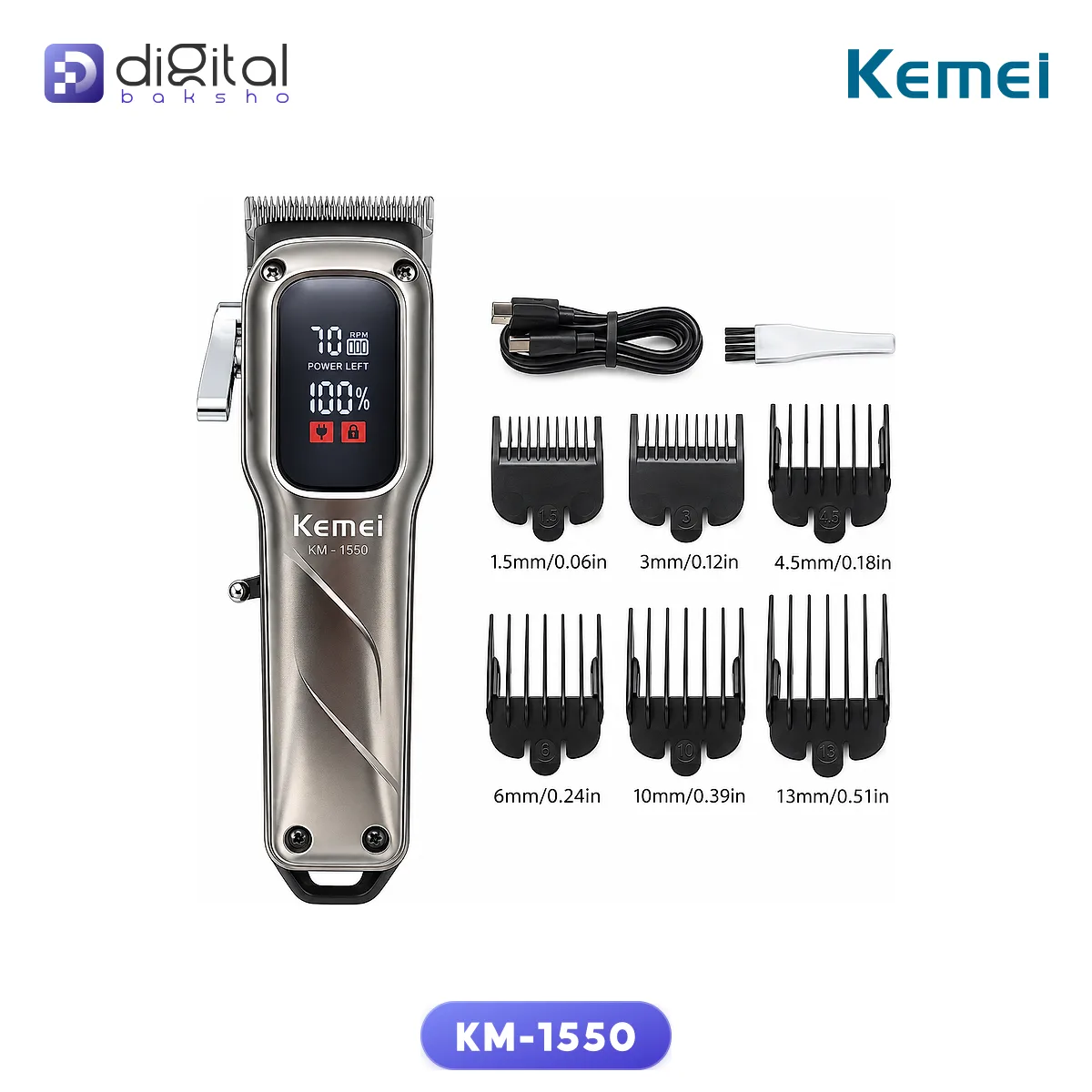 Kemei KM-1550 Cordless Hair & Beard Trimmer - 150-180 Min Runtime, Self-Sharpening Blades alternate view