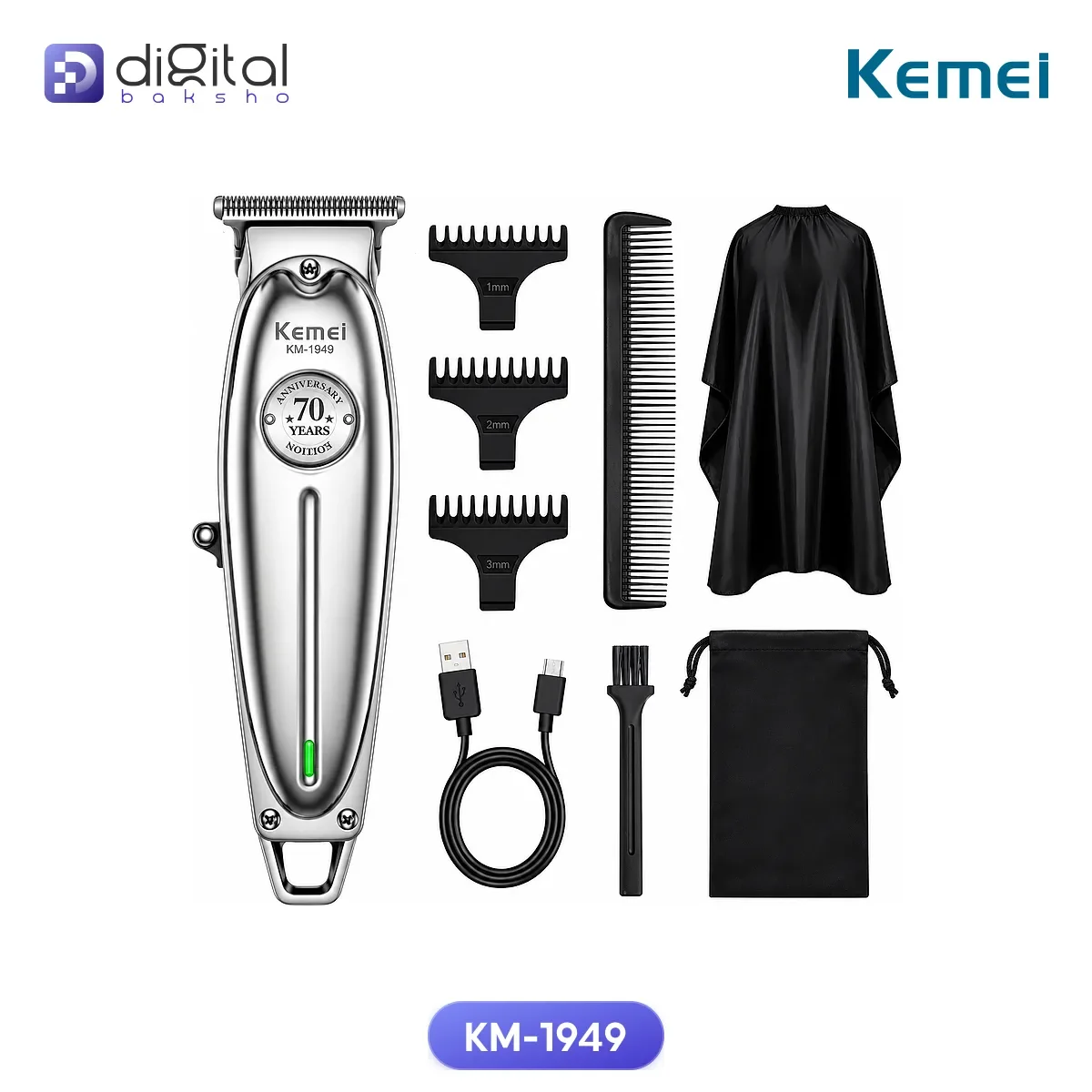 Kemei KM-1949 Hair and Beard Trimmer, Front view of clipper and accessories