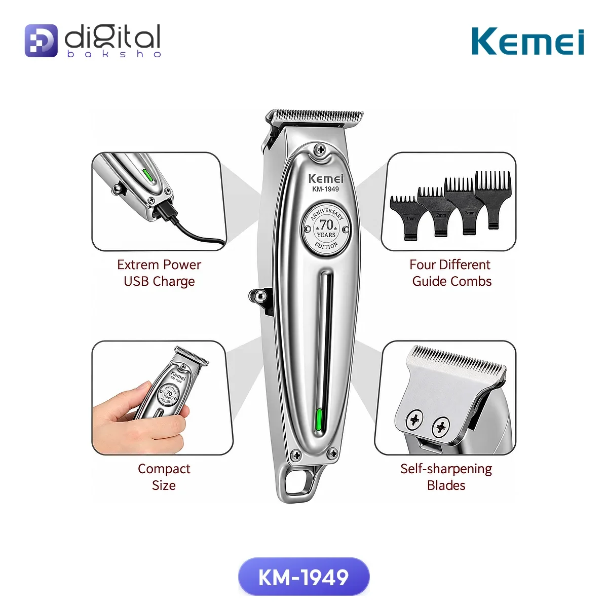 Kemei KM-1949 Hair and Beard Trimmer, Front view of clipper, blade, and buttons
