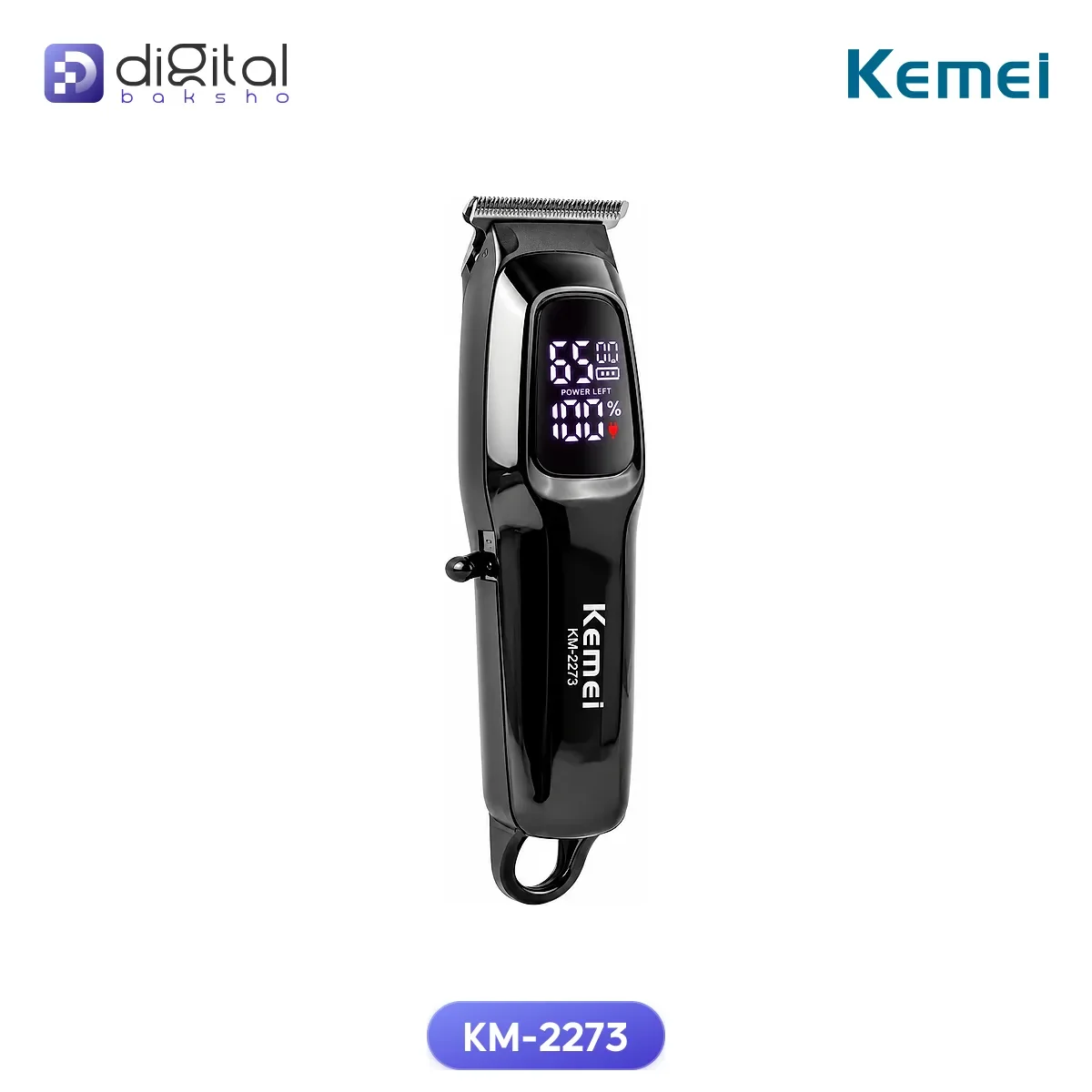 Kemei KM-2273 Professional Hair Trimmer, Angled view with LCD display and blade