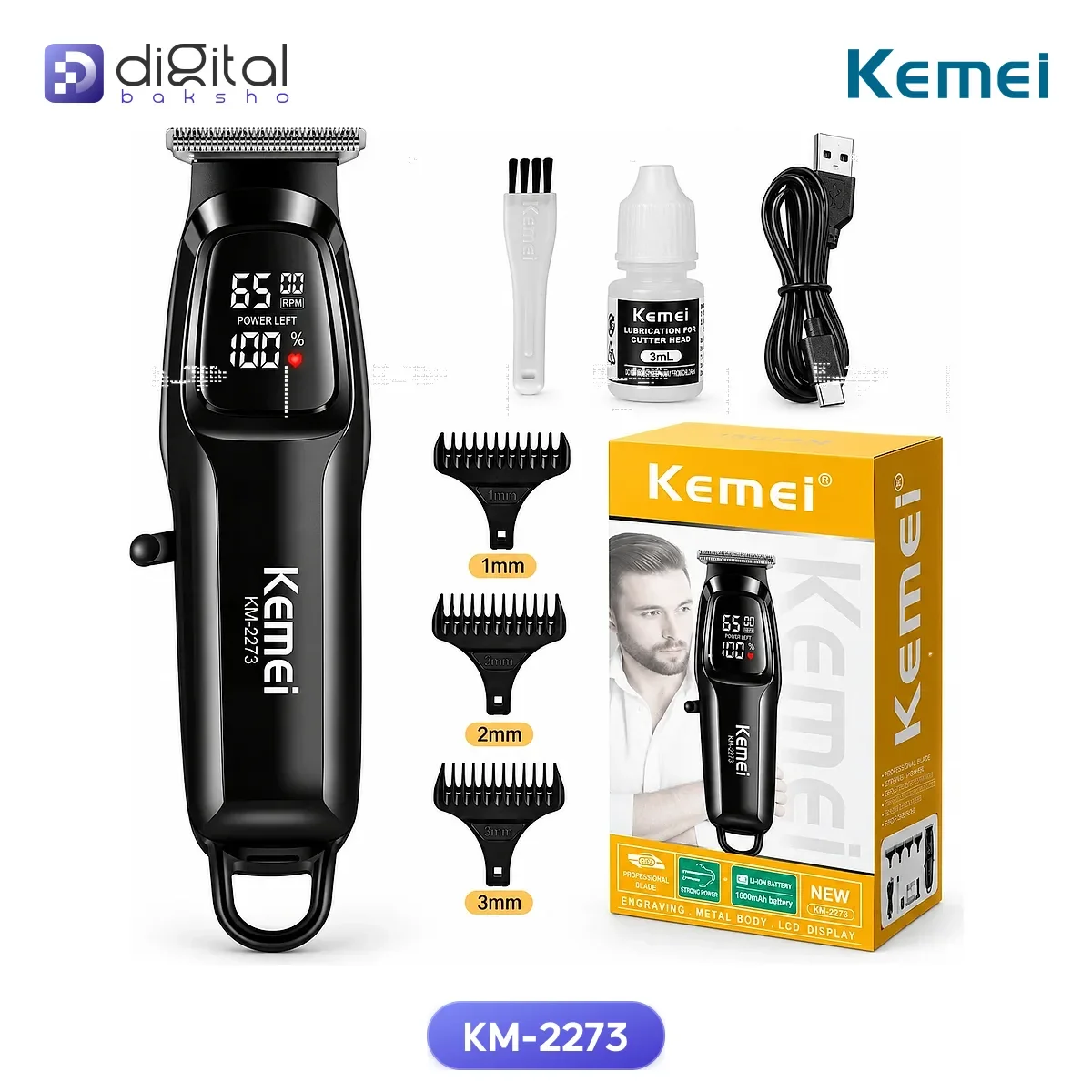 Kemei KM-2273 Professional Hair Trimmer — Cordless Rechargeable with LED Display thumbnail 3