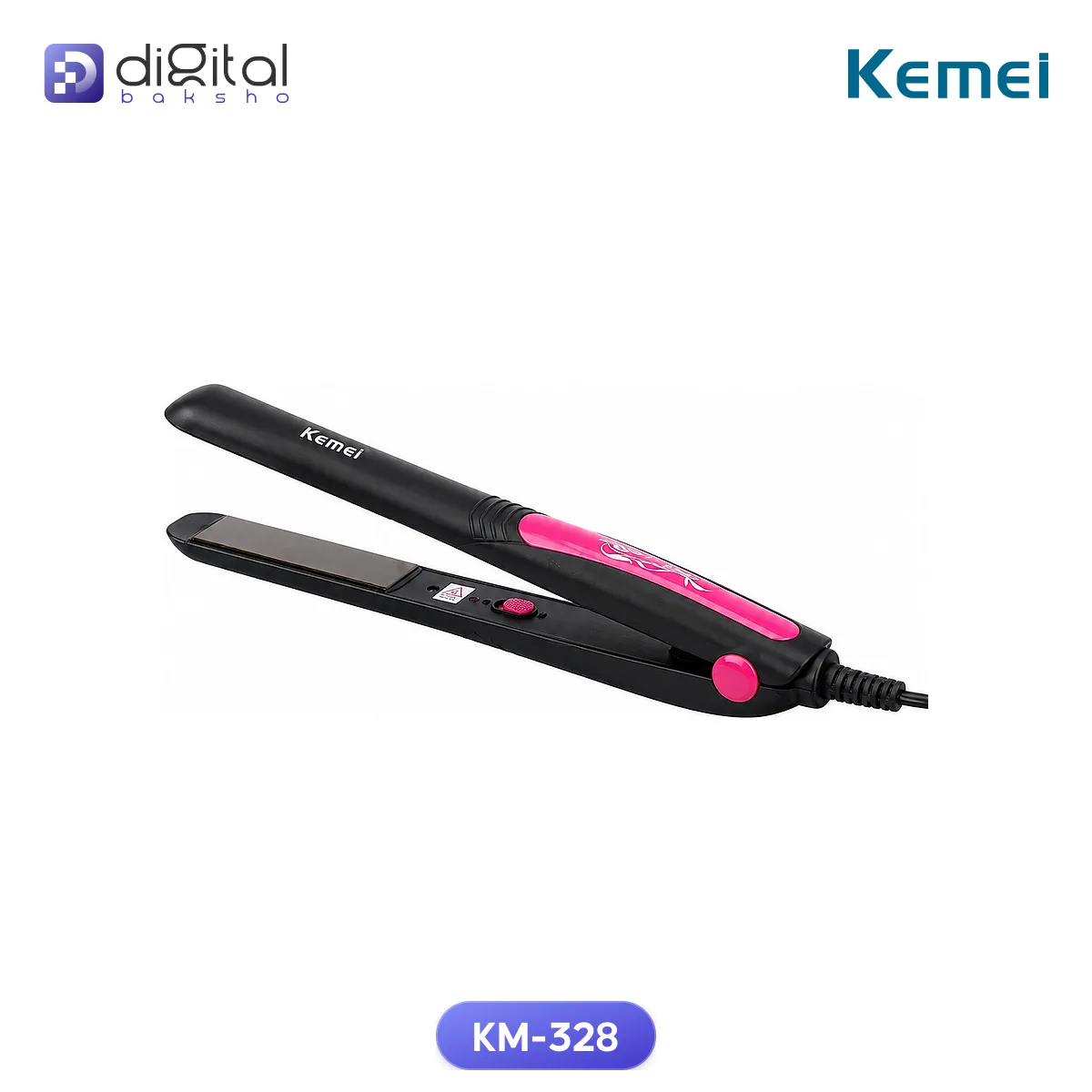 Kemei KM-328 Professional Hair Straightener, Angled view, open hair straightener, plates, button, cord