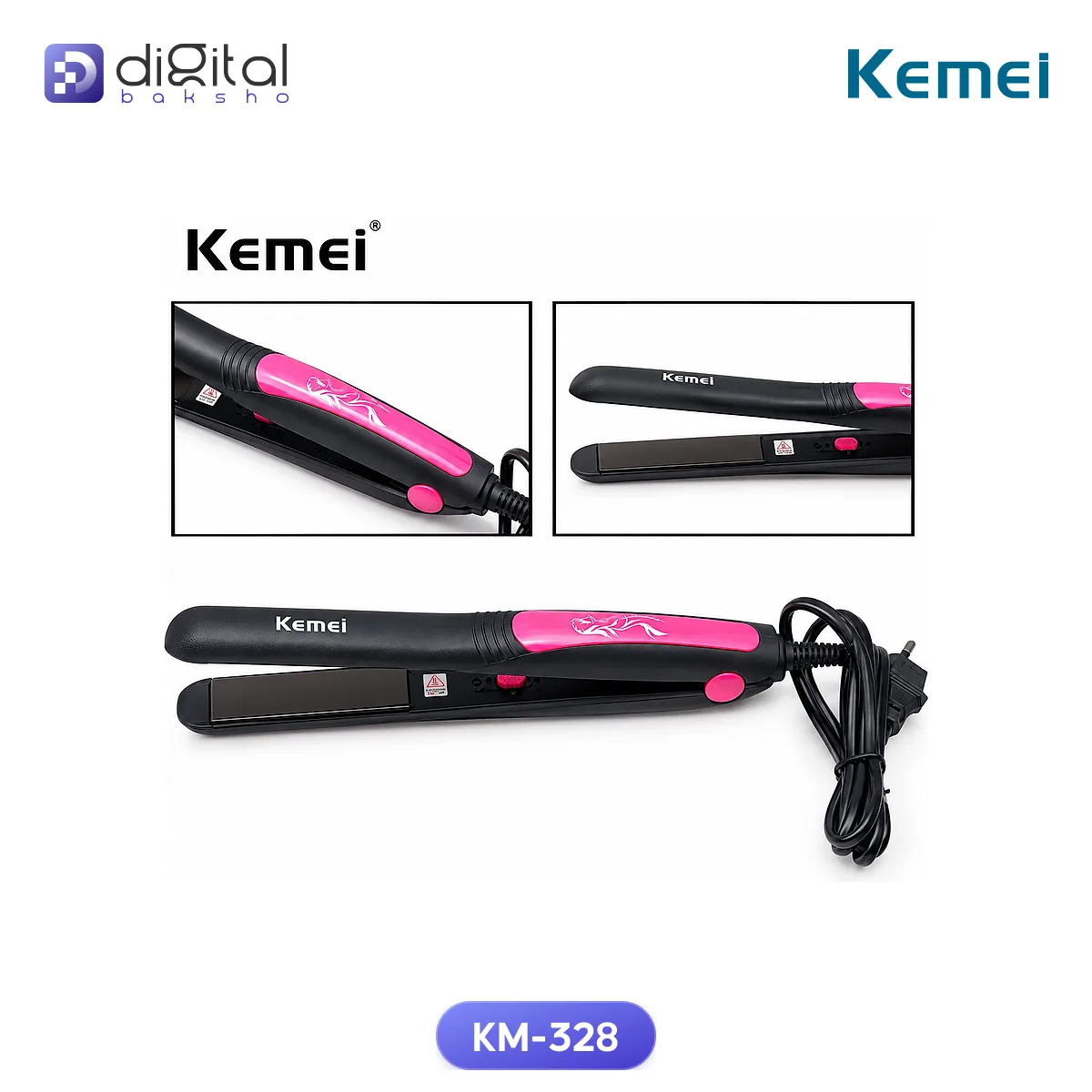Kemei KM-328 Professional Hair Straightener, Side view, flat iron with cord and two inset close-ups