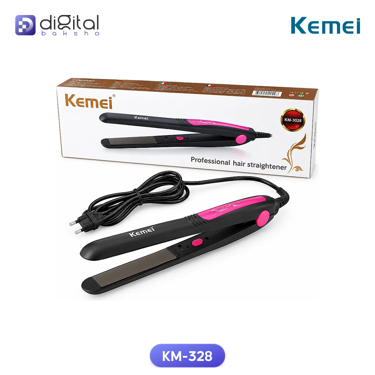 Kemei KM-328 Professional Hair Straightener, Angled view: straightener, box, cord, plug