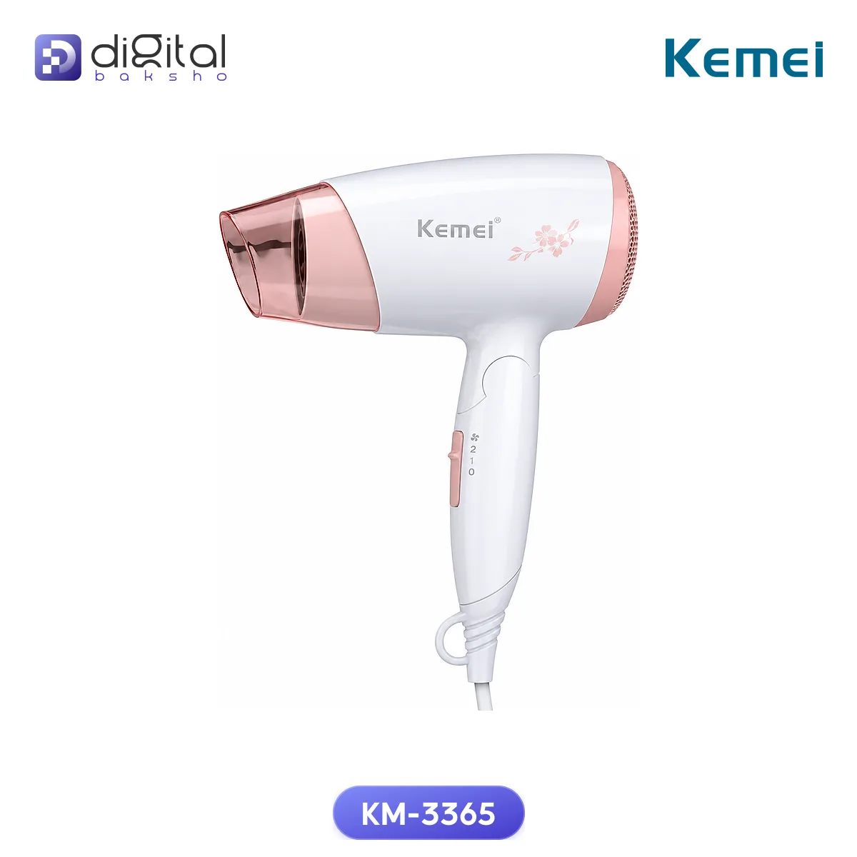 Kemei KM-3365 Kemey  Hair Dryer 1800W, Angled view with nozzle, handle, and body