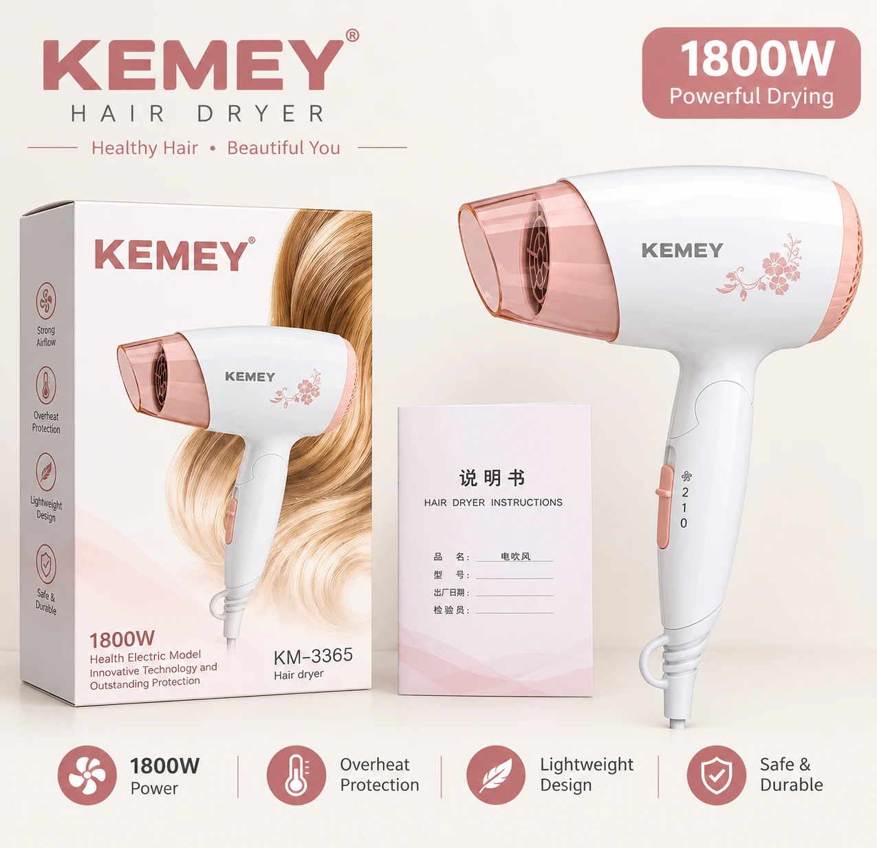 Kemey KM-3365 Hair Dryer 1800W