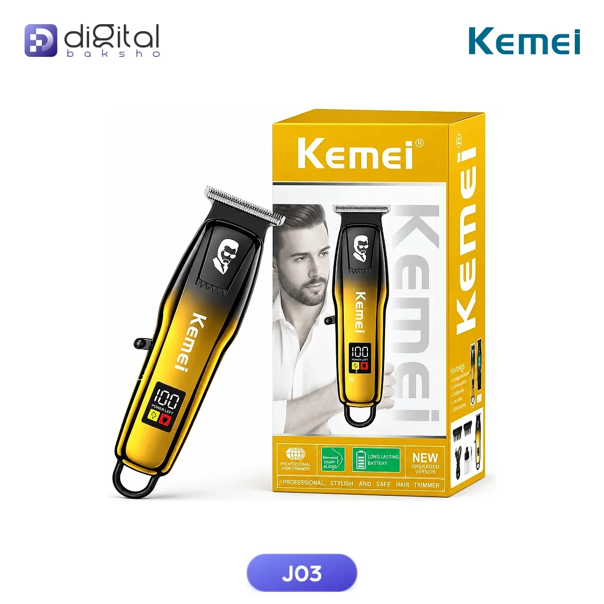 Kemei J03 KM- Cordless Electric Hair Clipper & Beard Trimmer - 200 Min Runtime, USB-C, T-Blade, Angled view of trimmer and...