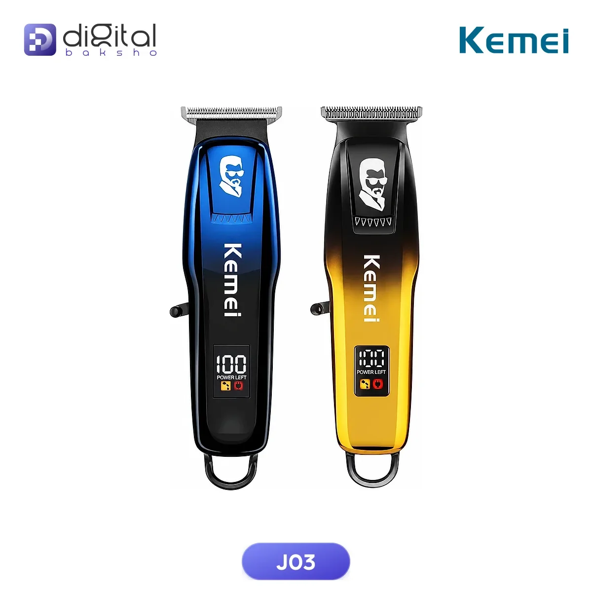 Kemei J03 KM- Cordless Electric Hair Clipper & Beard Trimmer - 200 Min Runtime, USB-C, T-Blade, Angled view of trimmer and...