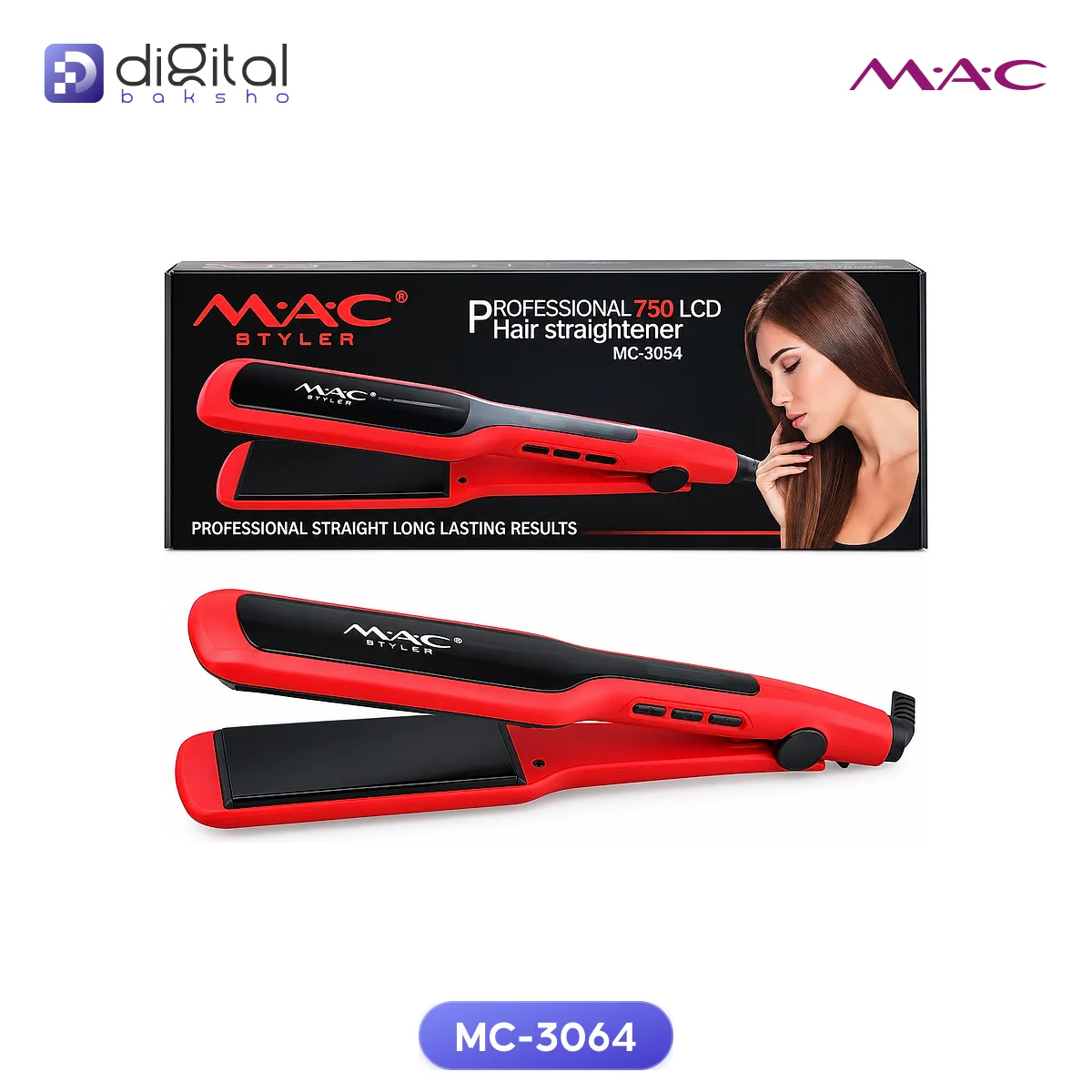 MAC MC-3064 Professional Hair Straightner MAC Styler, Front view red straightener with black plates and box