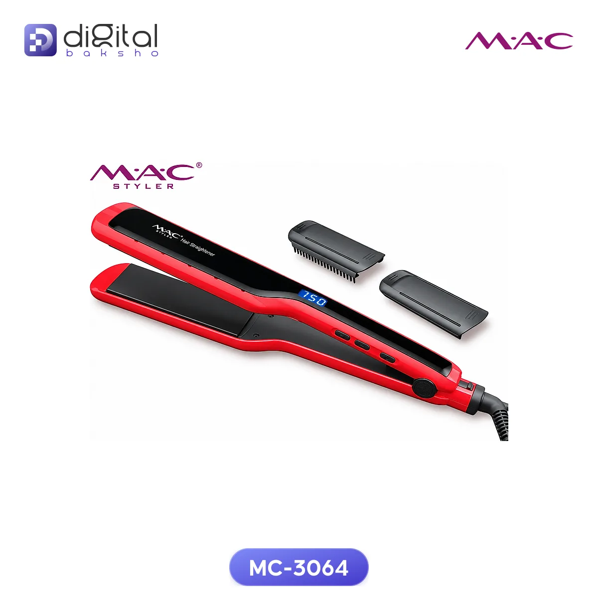 MAC MC-3064 Professional Hair Straightner MAC Styler, Angled view with digital display, two attachments, logos