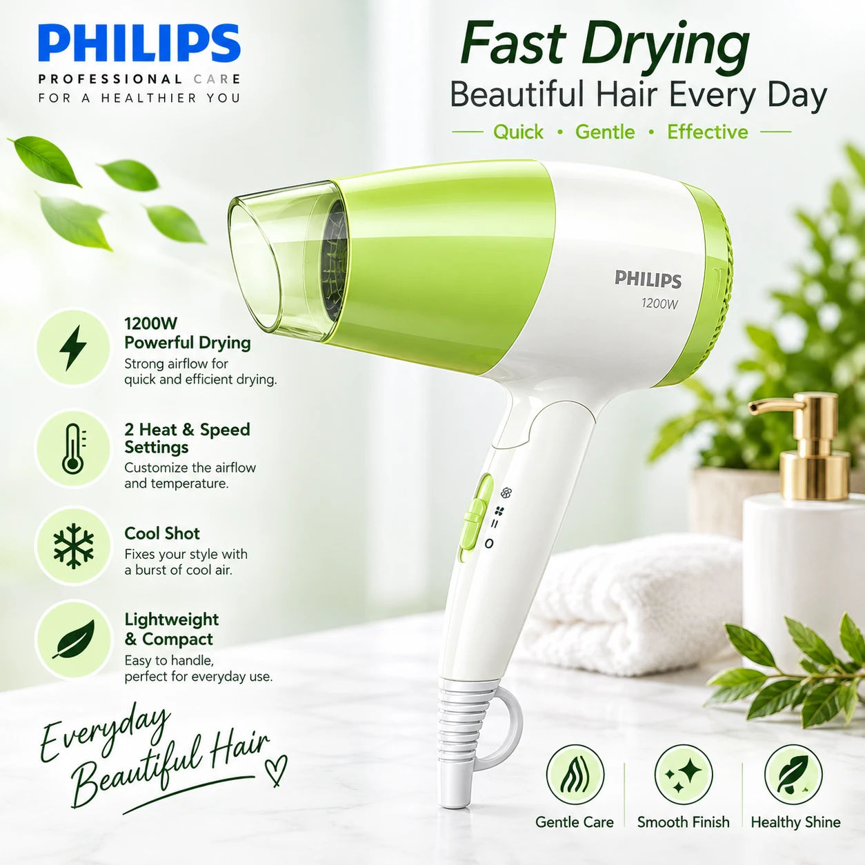 Philips BHC015/05 Essential Care  1200 Hair Dryer, Angled side view of white and green hair dryer