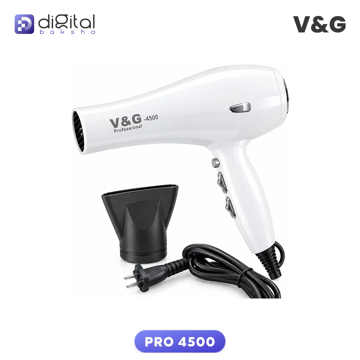 V&G PRO 4500 Professional Hair Dryer 2000 Watts, Side view with black concentrator nozzle and cord