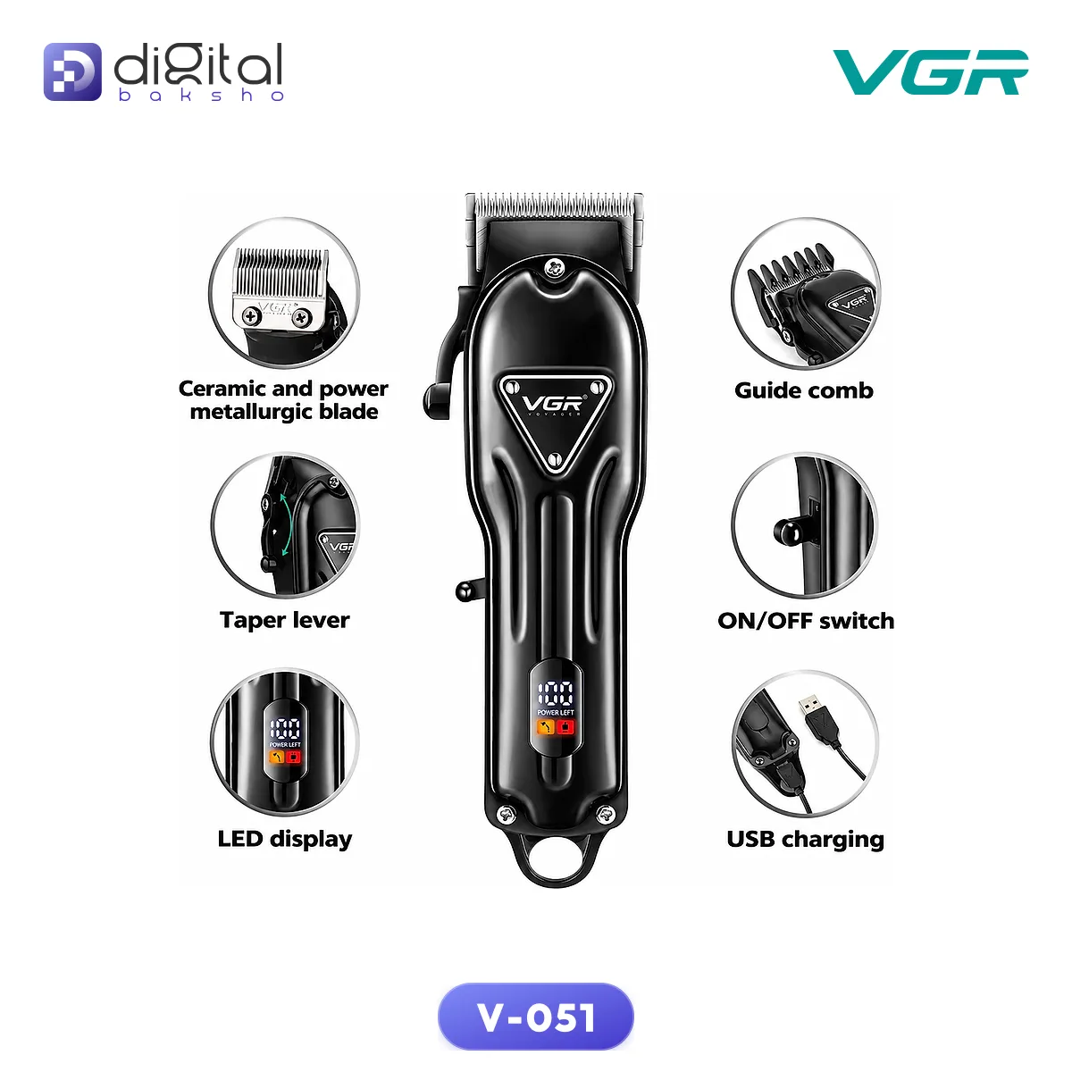 VGR V-051 Professional Trimmer for Men - Ceramic Blade, 2500mAh Battery, 300-Minute Runtime alternate view