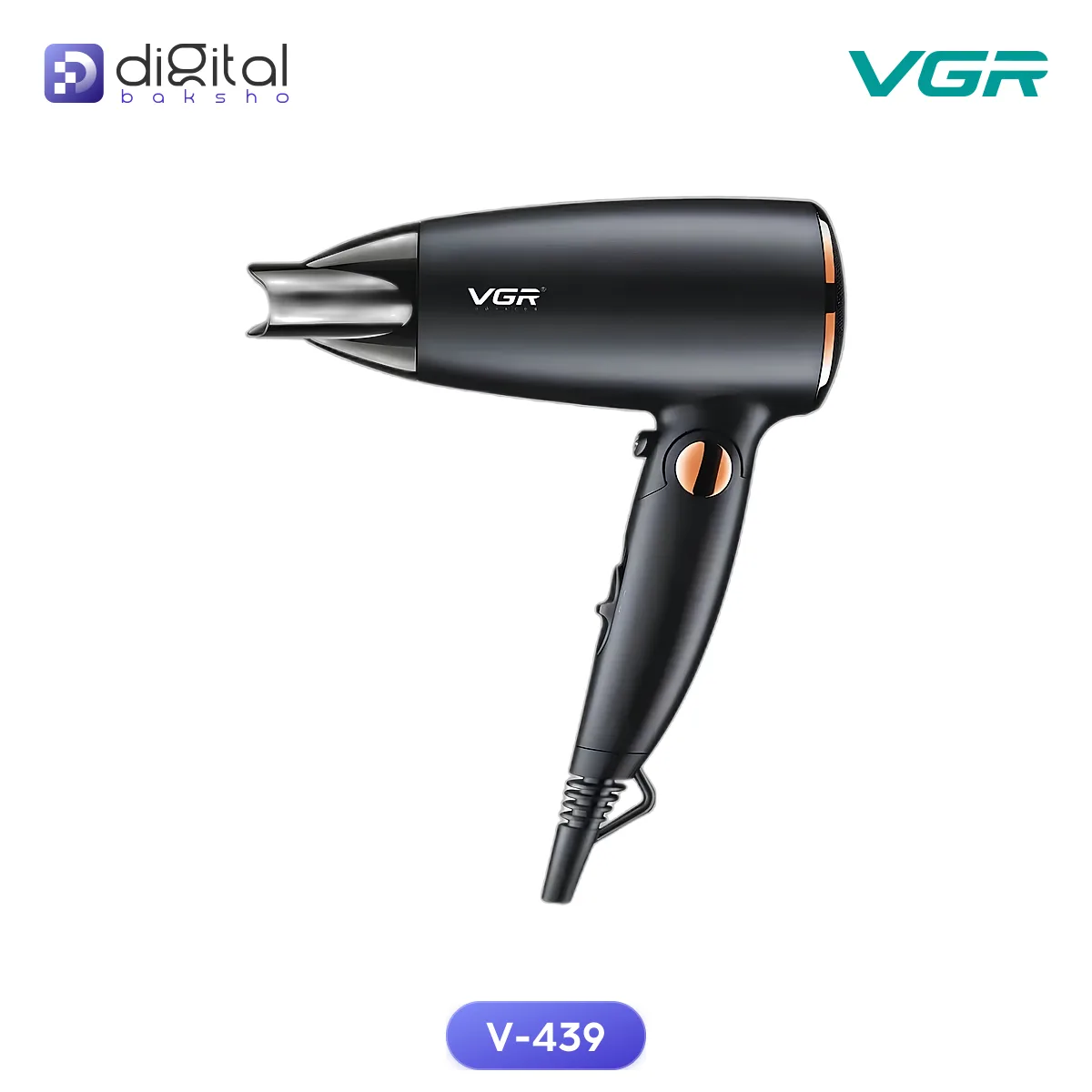 VGR V-439 Professional Foldable Hair Dryer 1600W, Angled side view, black hair dryer, nozzle