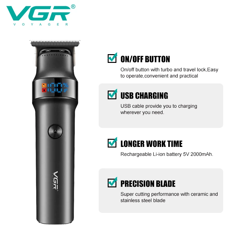 VGR V-987 Professional Hair & Beard Trimmer - 400 Min Runtime, USB-C, LED Display alternate view