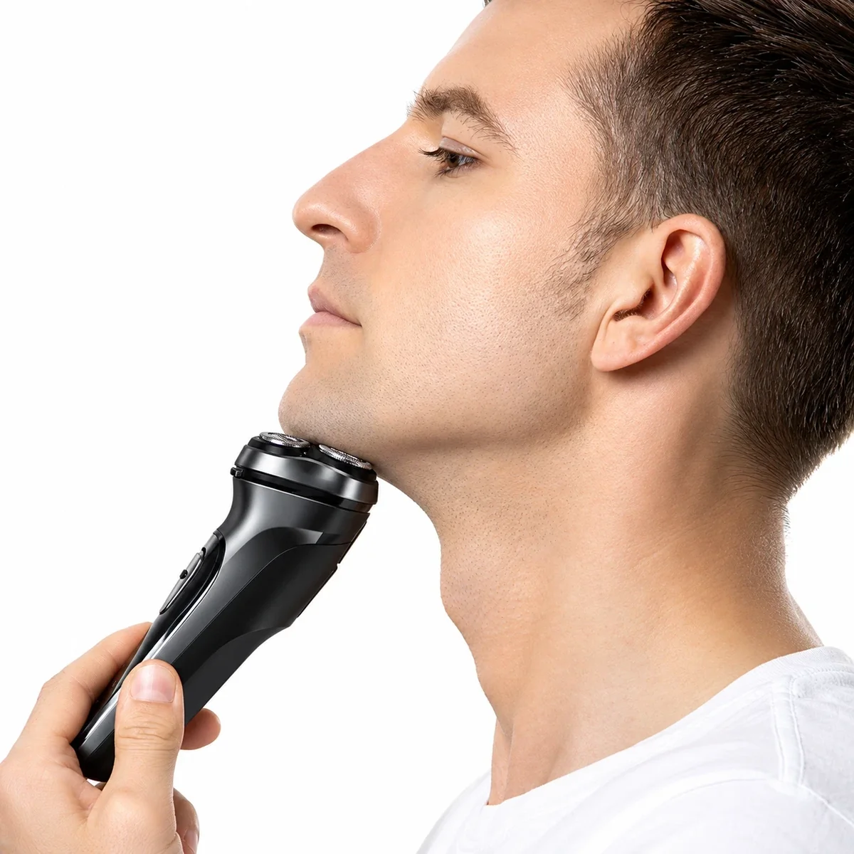 Xiaomi ENCHAIN Blackstone 3D Electric Shaver, Side view of shaver on neck, in hand