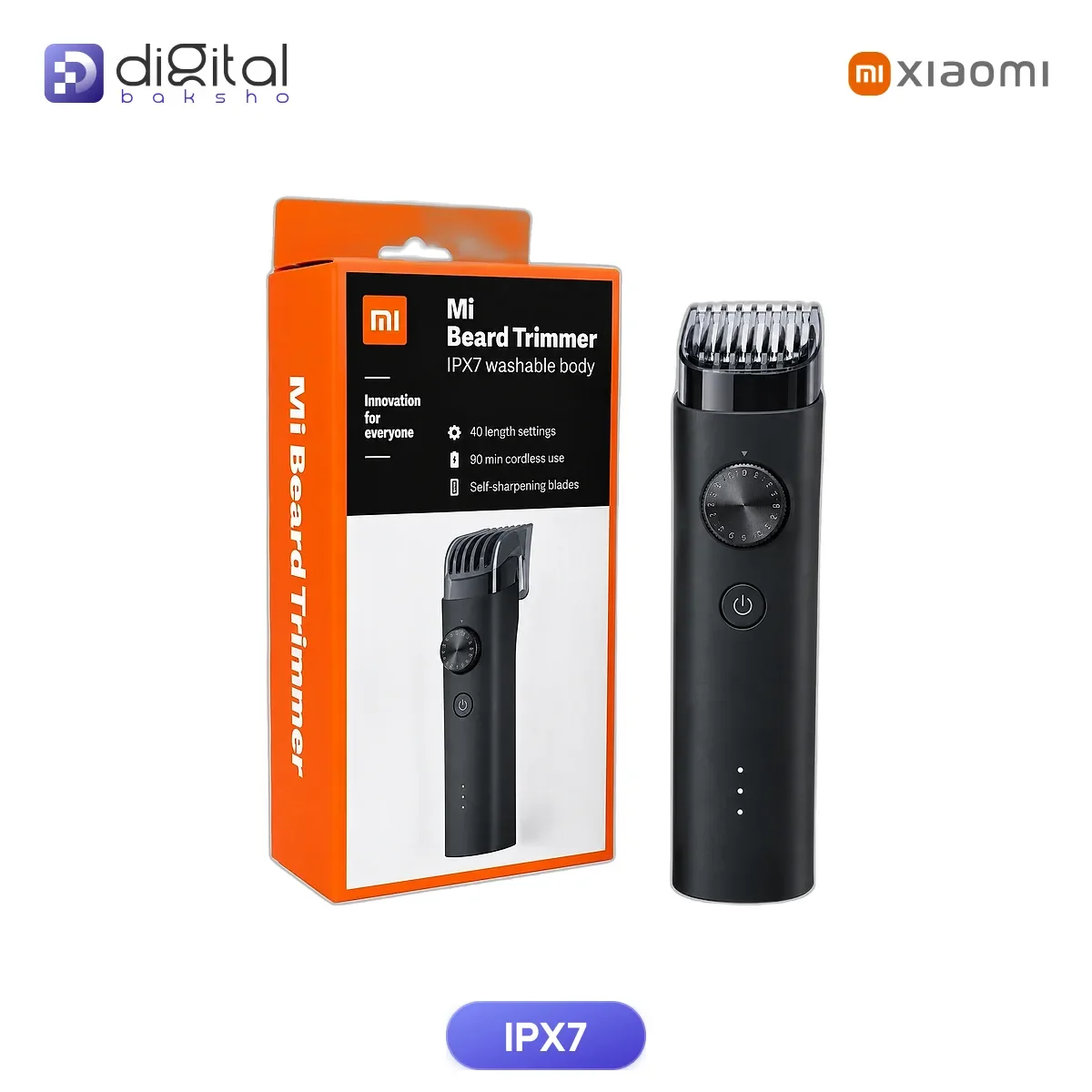 Xiaomi Mi IPX7 Waterproof Hair and Beard Trimmer beside official retail box packaging
